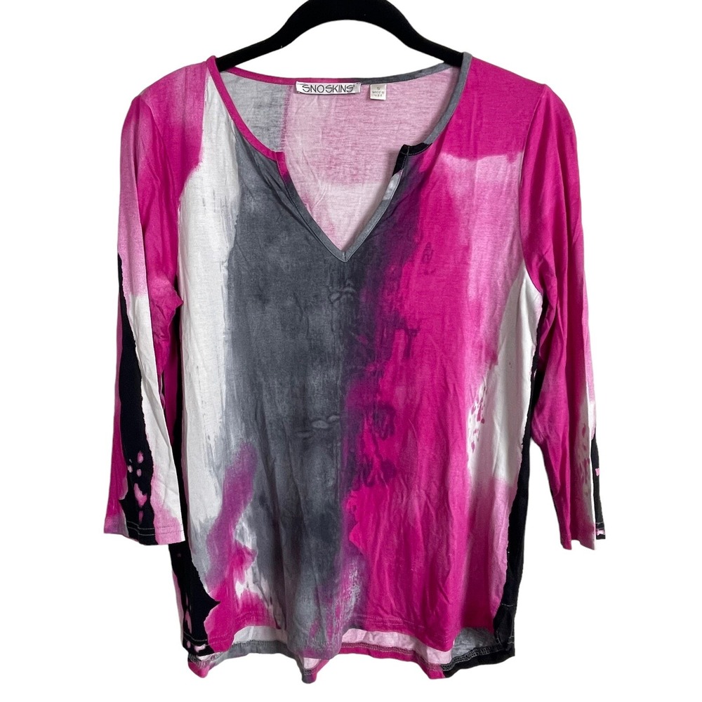 Sno Skins Color Block Tie Dye 3/4 Sleeve Top Women's Size S Made in USA